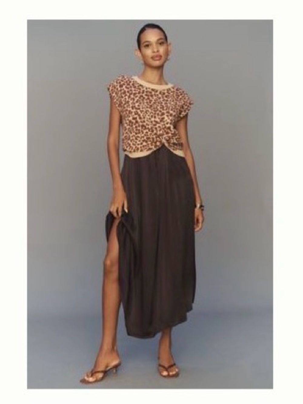 Anthropologie Brown Midi Dress with Leopard-Print Bodice